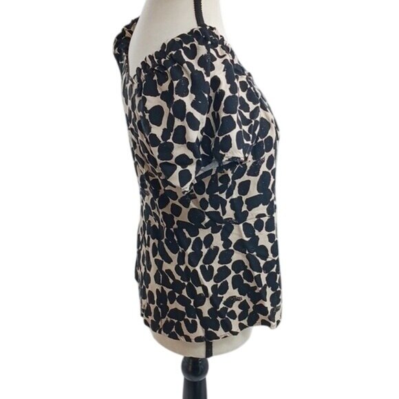 H&M Blouse Black Cream Puff Short Sleeve Animal Print Linen Blend Womens Size M - Picture 4 of 7